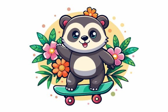 Download Skateboard Panda Road Cartoon with Flowe - Art Collection