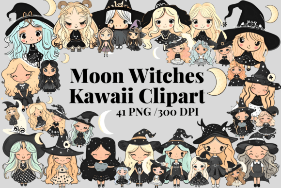 Download Moon Witches Kawaii Clipart Bundle / PNG - Art Collection