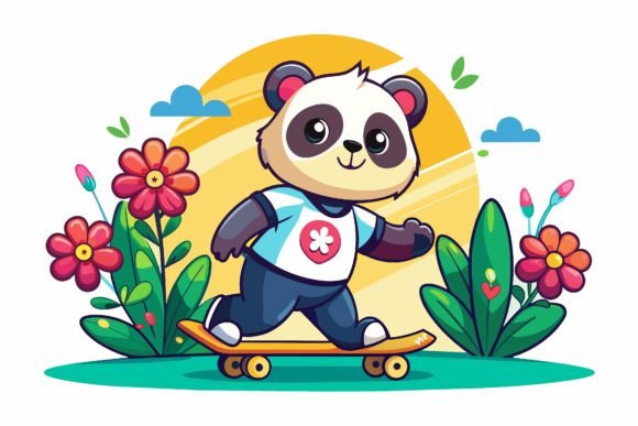 Download Skateboard Panda Road Cartoon with Flowe - Art Collection