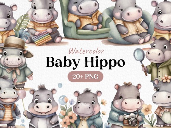Download Watercolor Bundle Baby Hippo Clipart PNG - Watercolor Collection