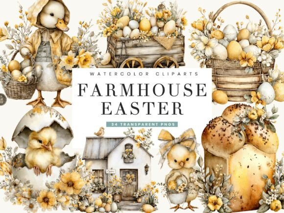 Download Watercolor Farmhouse Easter Clipart - Watercolor Collection