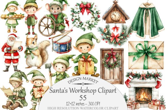 Download Watercolor Santa's Workshop Clipart - Watercolor Collection