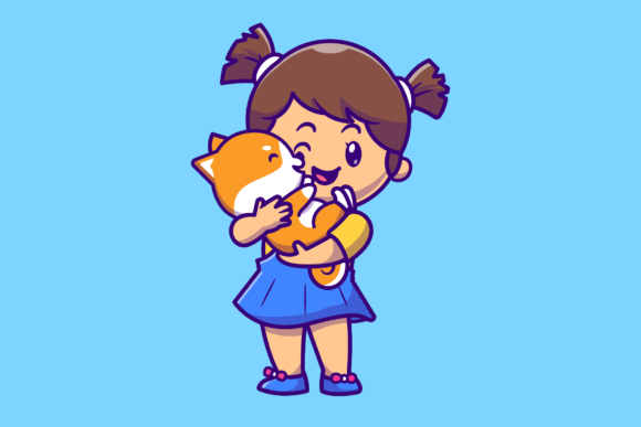Download Cute Girl Hug Shiba Inu Dog Cartoon - Art Collection